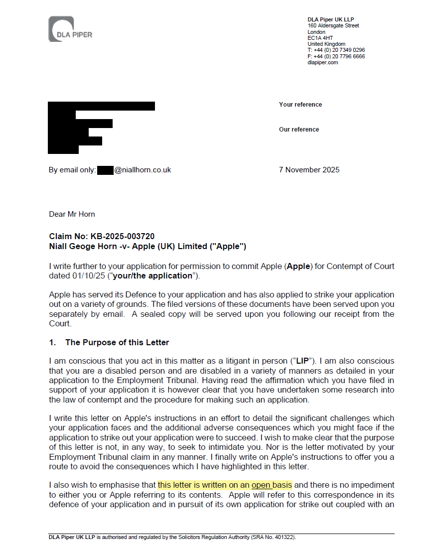 Leader page of the DLA Piper costs letter from Apple dated 7 November 2025