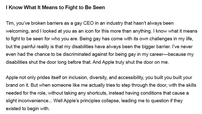 Excerpt from the Tim Cook email about fighting to be seen