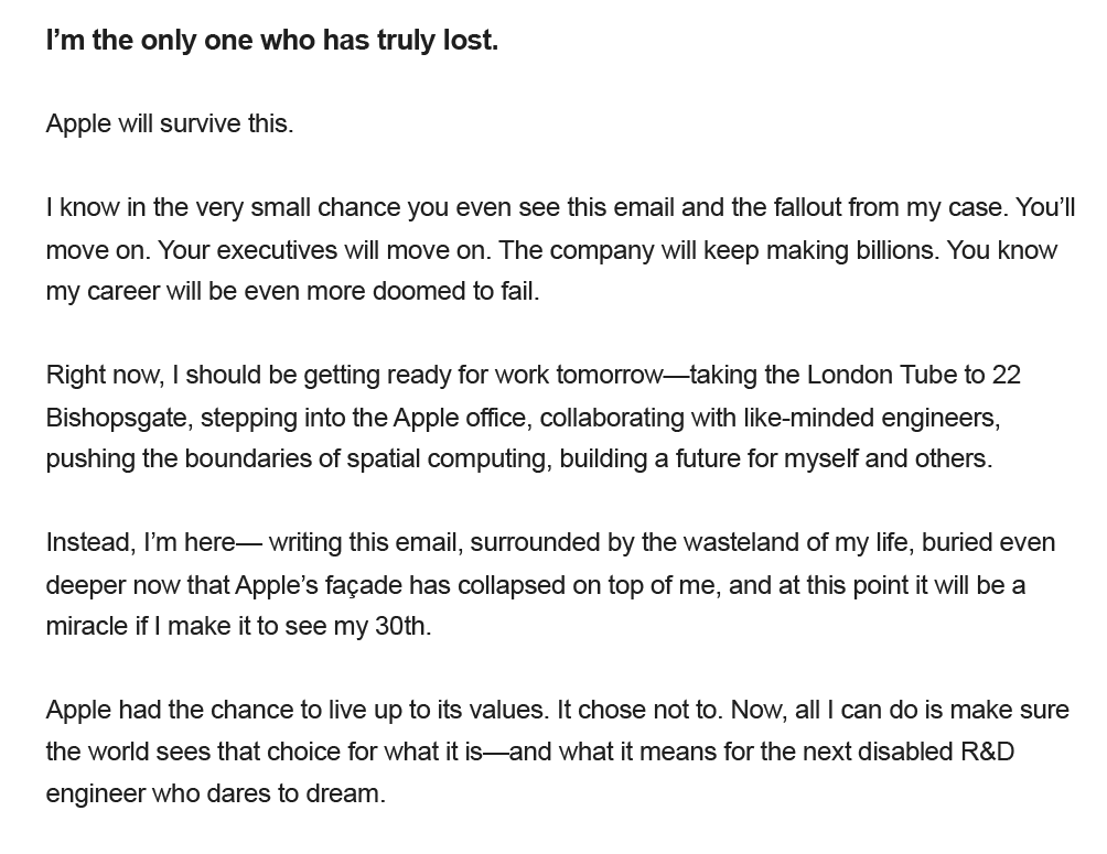 Excerpt from the Tim Cook email about being the one who truly lost