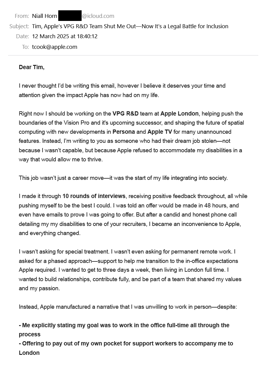 First page of Niall Horn's email to Tim Cook dated 12 March 2025