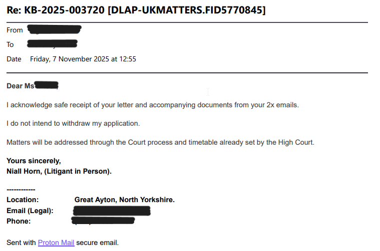 Niall Horn's response to DLA Piper refusing to withdraw the application