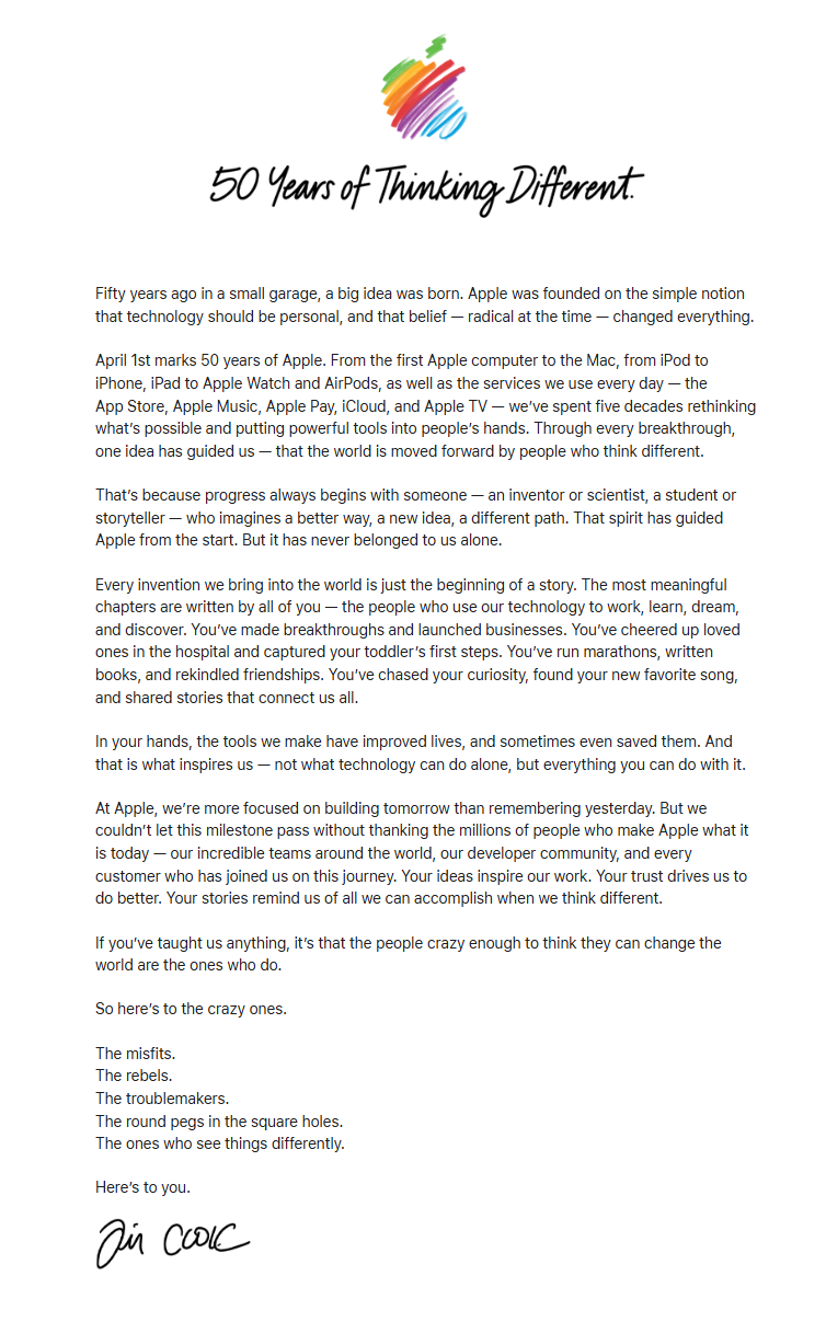 Screenshot of Tim Cook's open letter titled 50 Years of Thinking Different published on apple.com