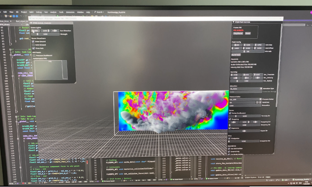 Screenshot of ML-accelerated real-time fluid simulation engine in development