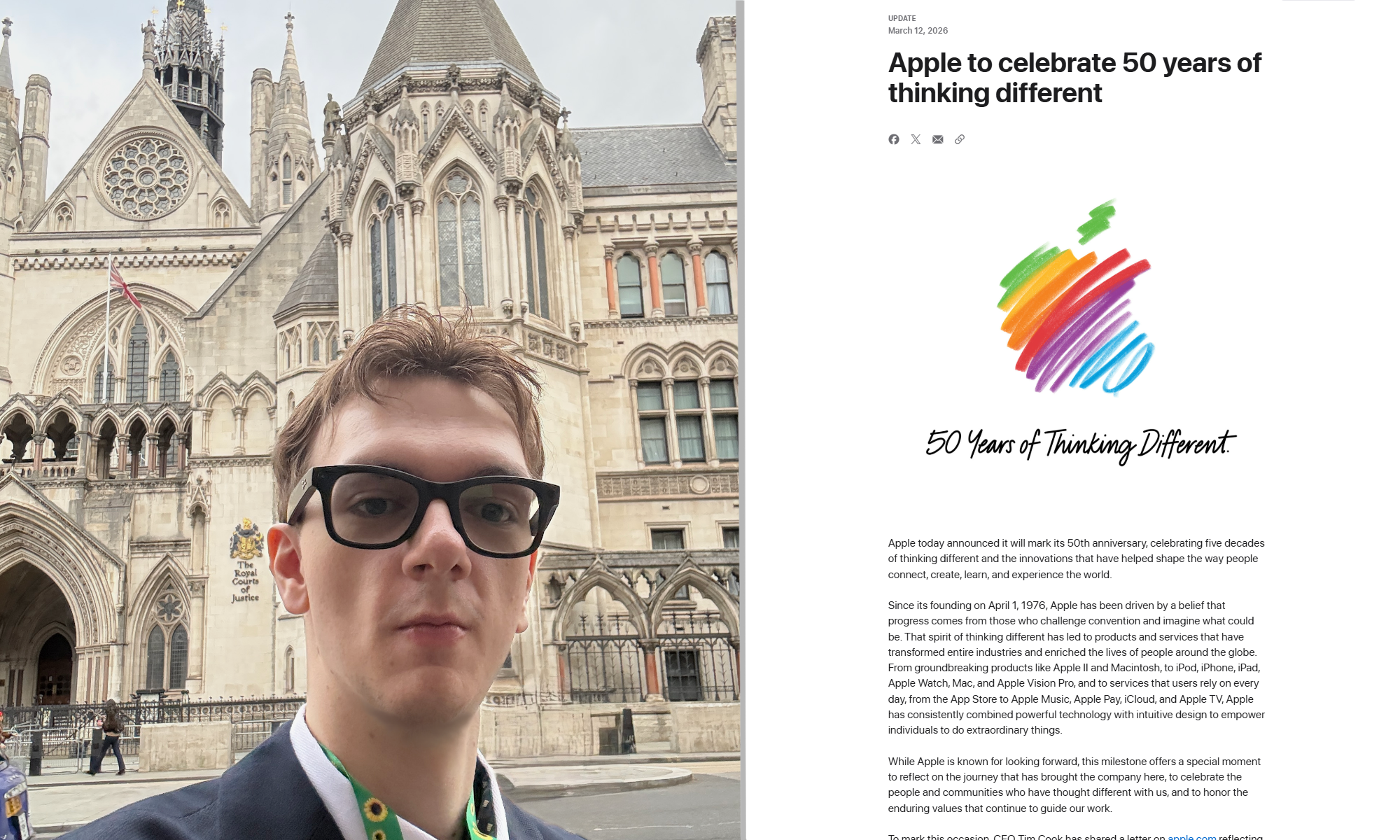 Split image: Niall Horn at the Royal Courts of Justice on the left, Tim Cook's open letter on the right