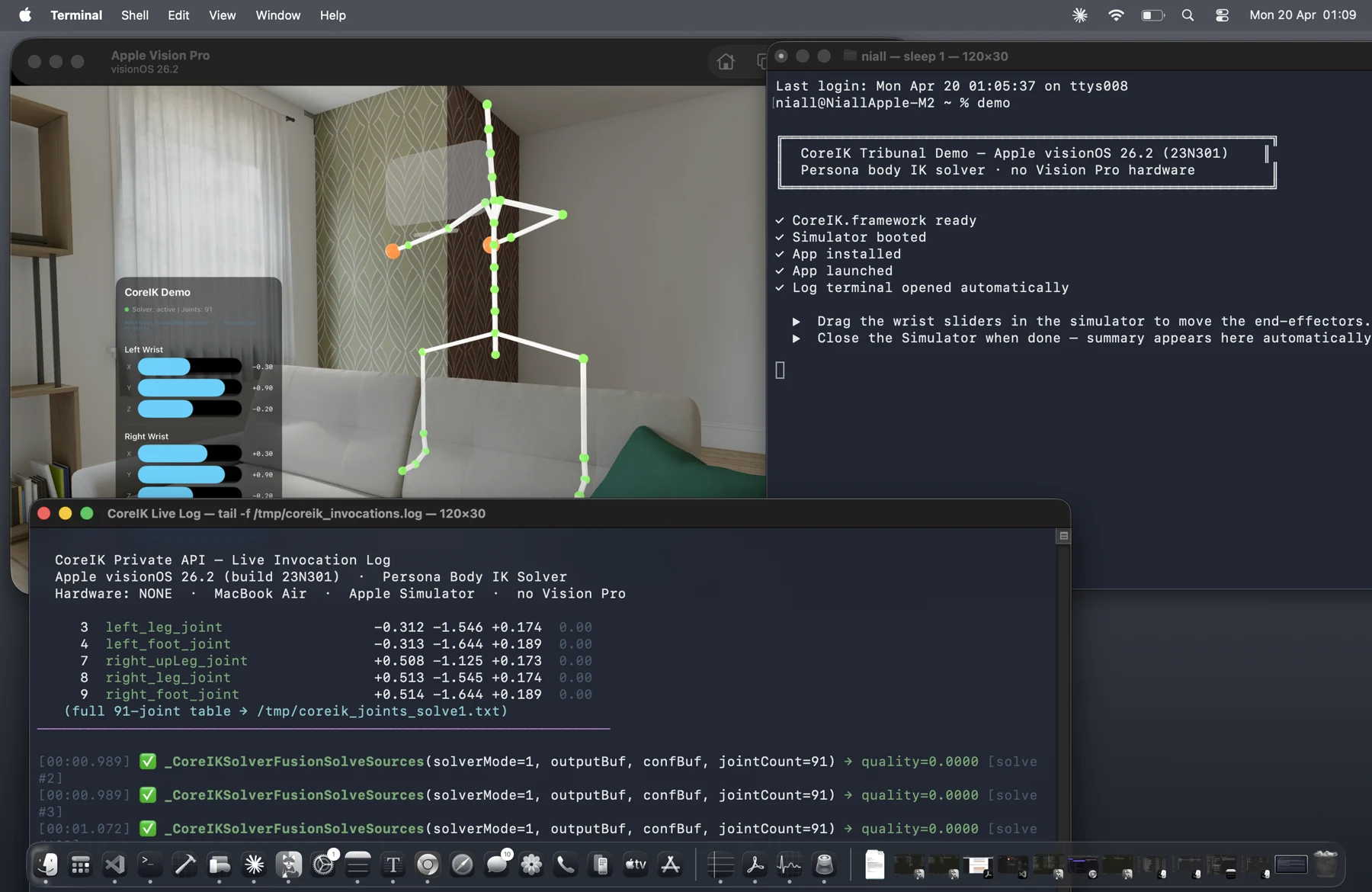 CoreIK solving a 91-joint Persona skeleton in the visionOS simulator on a Mac, with a live invocation log showing Hardware: NONE and no Vision Pro