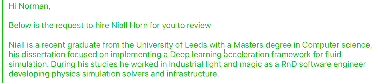 The opening of Apple&rsquo;s Request to Hire, addressed to Norman: below is the request to hire Niall Horn for you to review