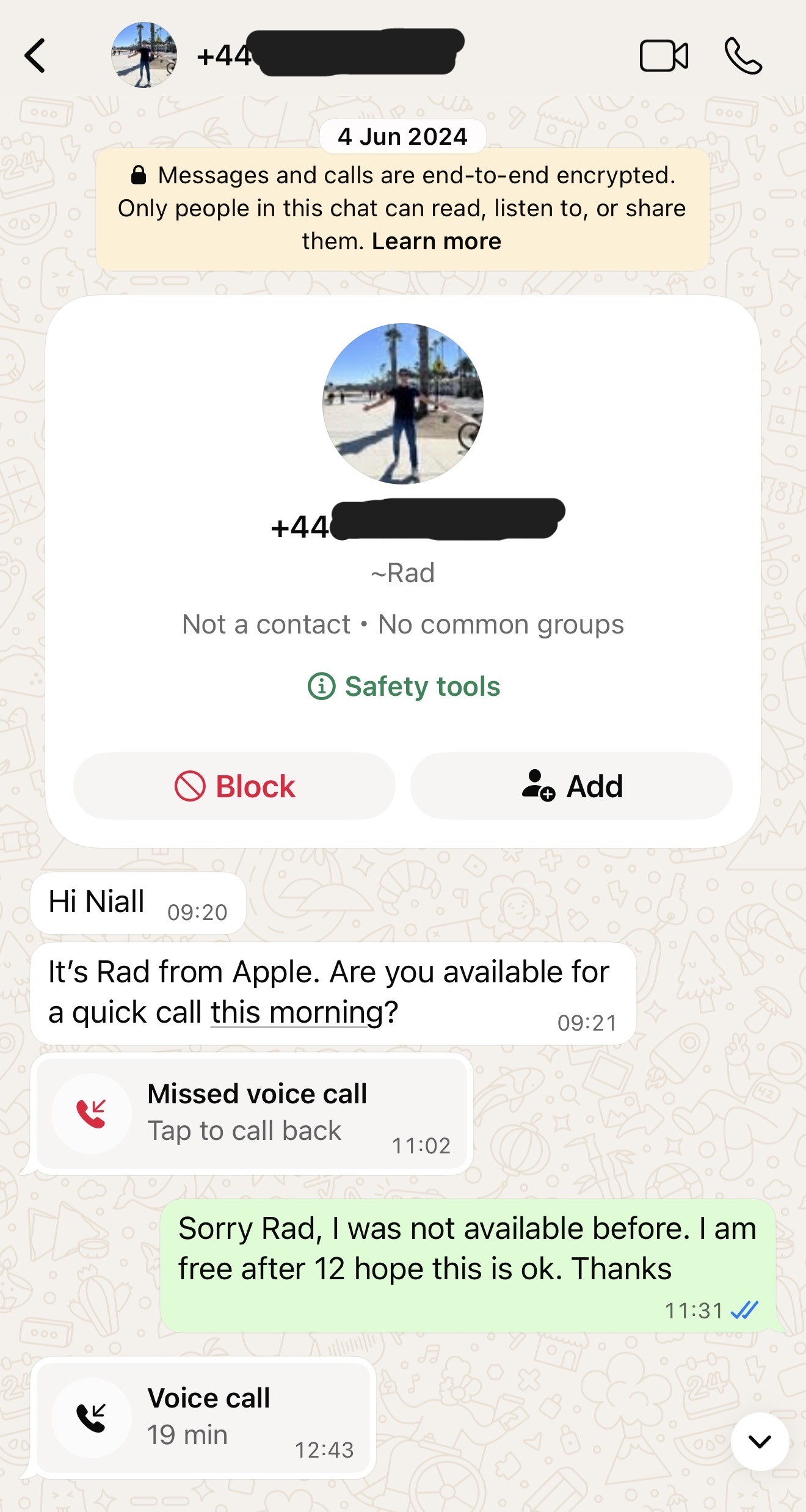 WhatsApp messages between Rad Akbari and Niall Horn, 4 June 2024
