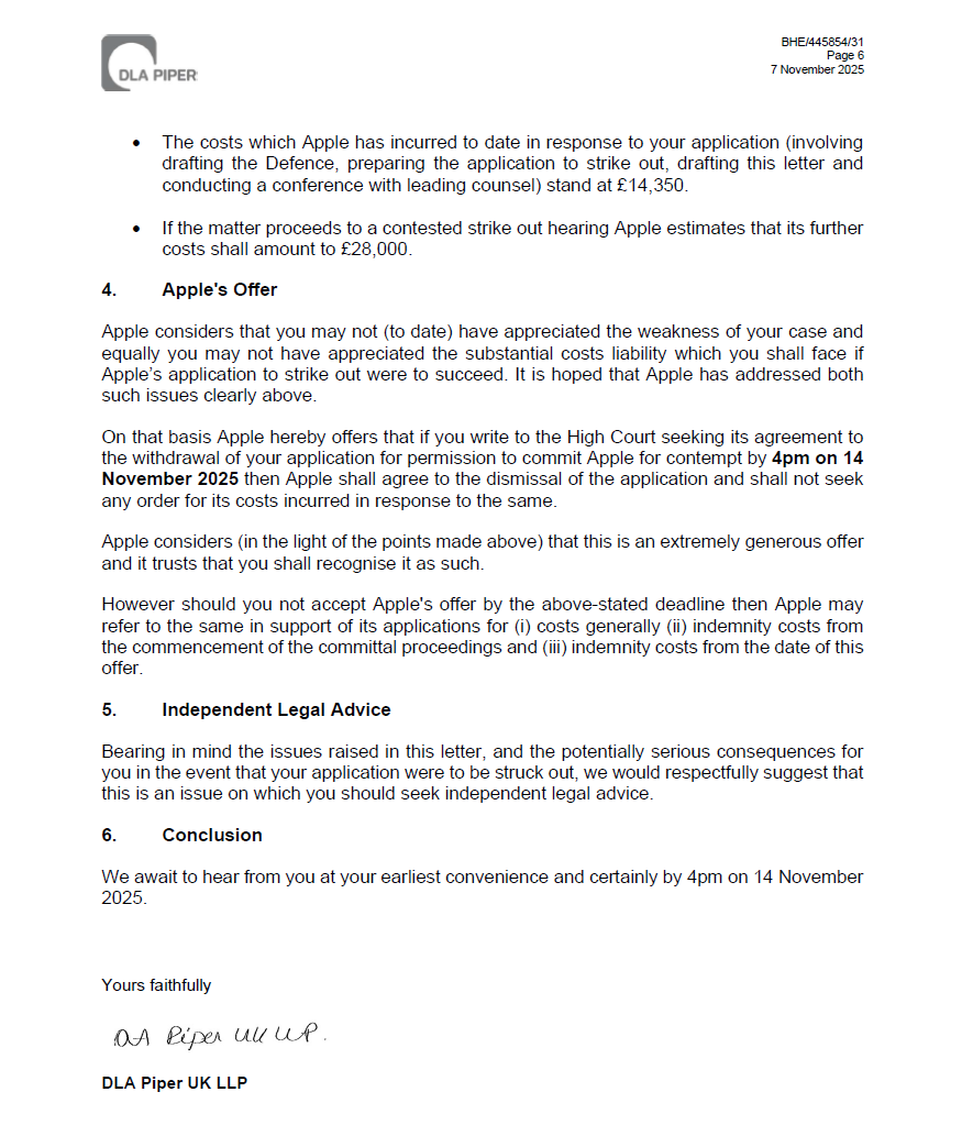 Apple letter, November 2025 — an open costs/bankruptcy threat demanding £42,350