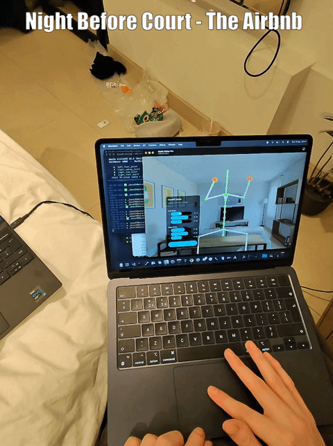 CoreIK solving live in the visionOS Simulator: wrist sliders driving Apple's solver, 91-joint Persona skeleton updating in real time, function-call log streaming in the terminal alongside.